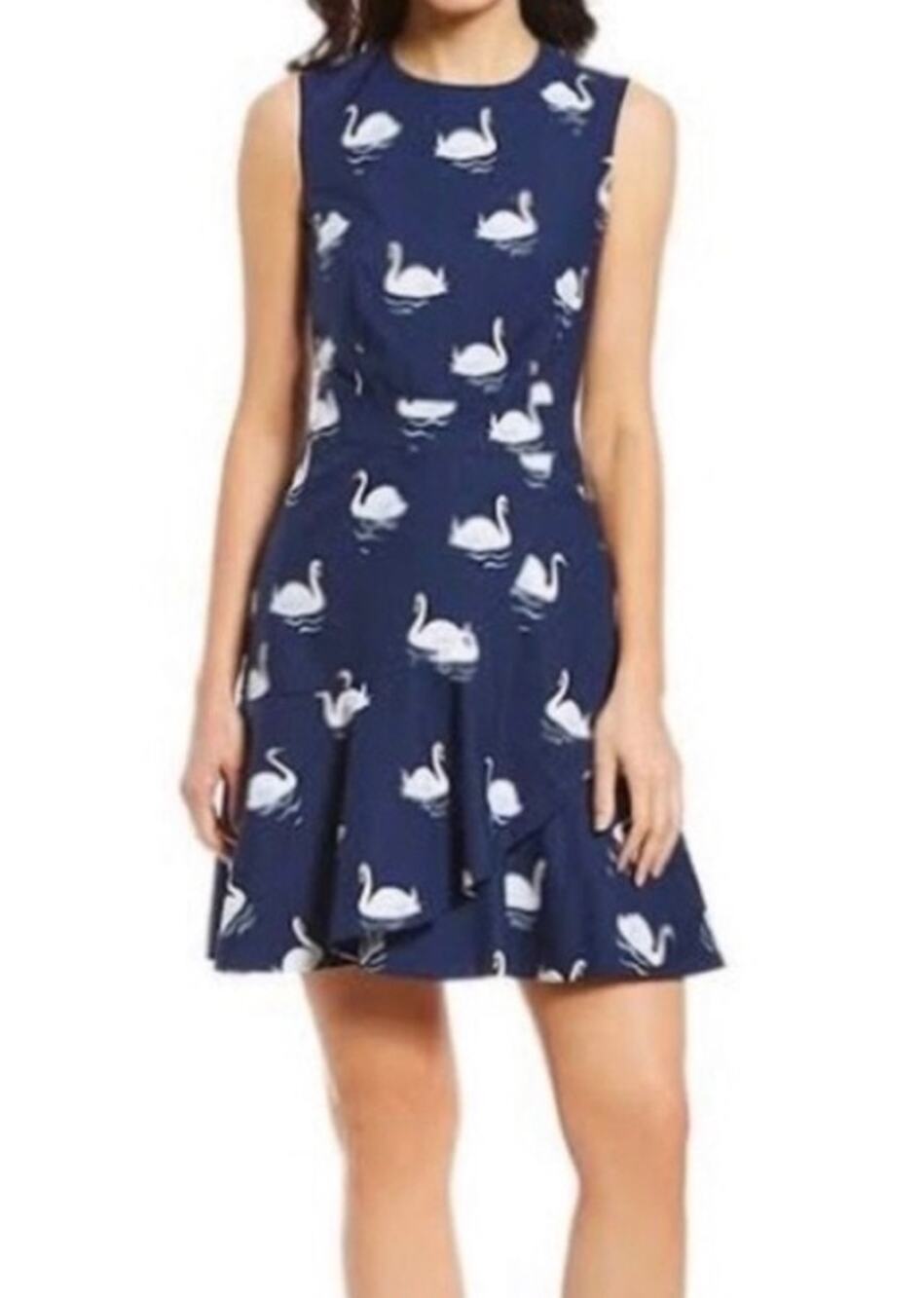 Draper James Swan Ruffle Dress Navy/White Sleeveless Pockets Sz 12